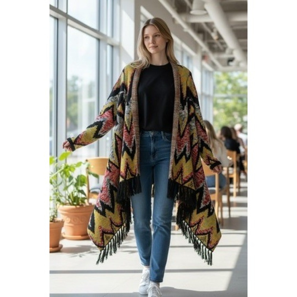 Woven Heart Shawl Cardigan Sz M Aztec Open Front Fringe Sweater Boho Hippie